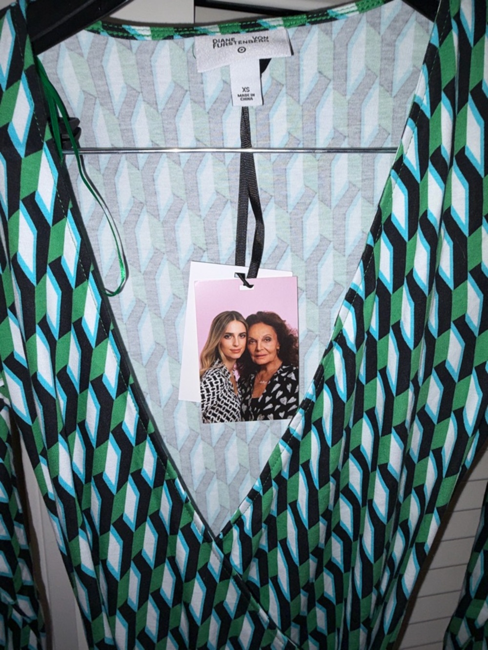 Diane Von Furstenberg Teal, Navy and White Geometric Wrap Dress - Picture 4 of 6
